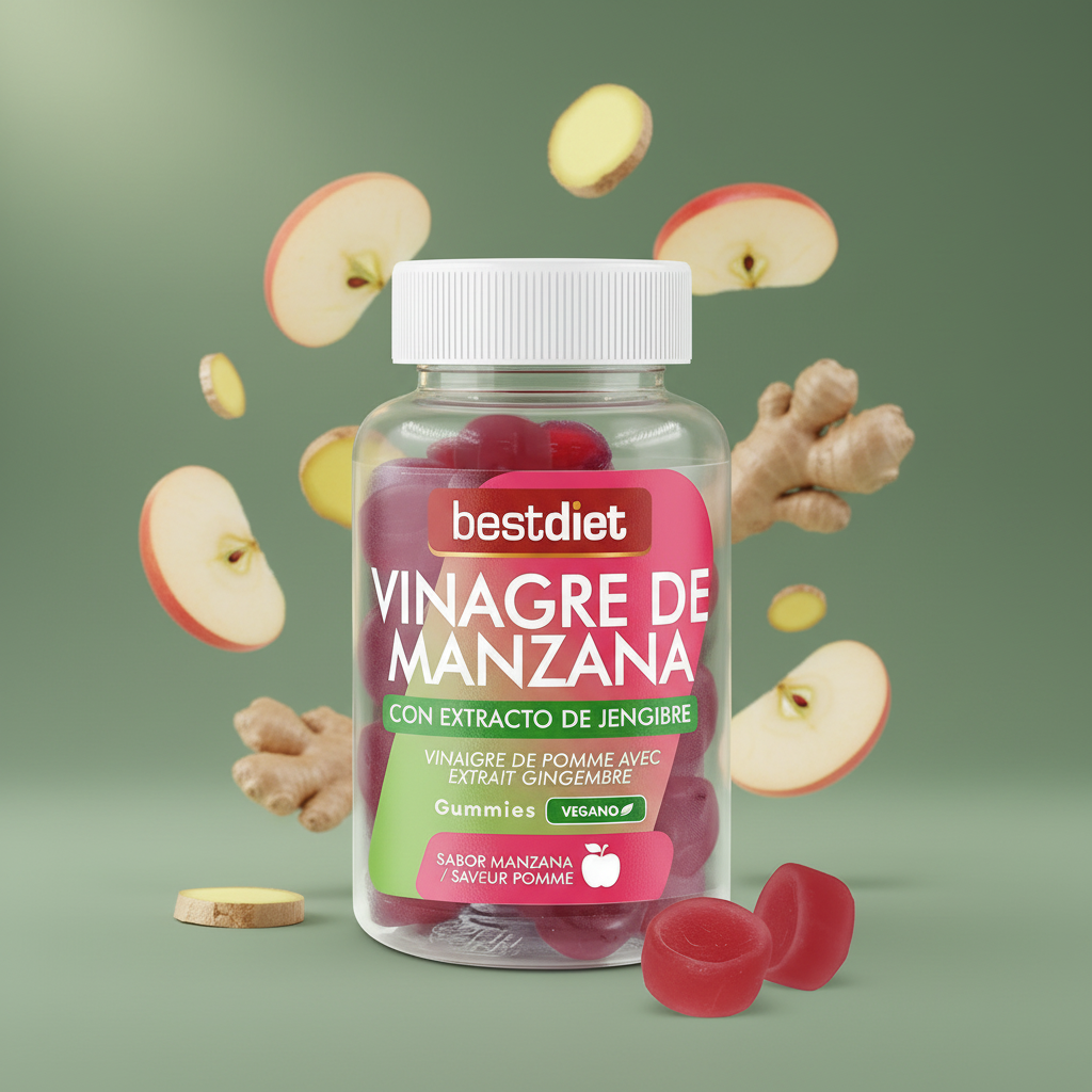 Producto premium con ingredientes flotantes